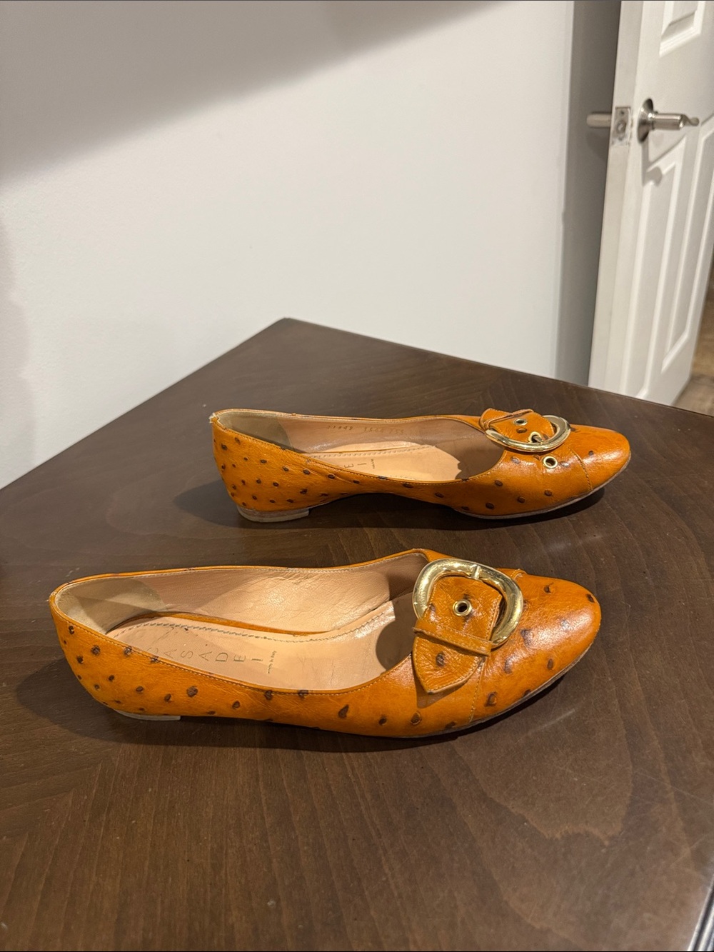 Casadei Orange Leather Studded Flats with Gold Buckle size 9